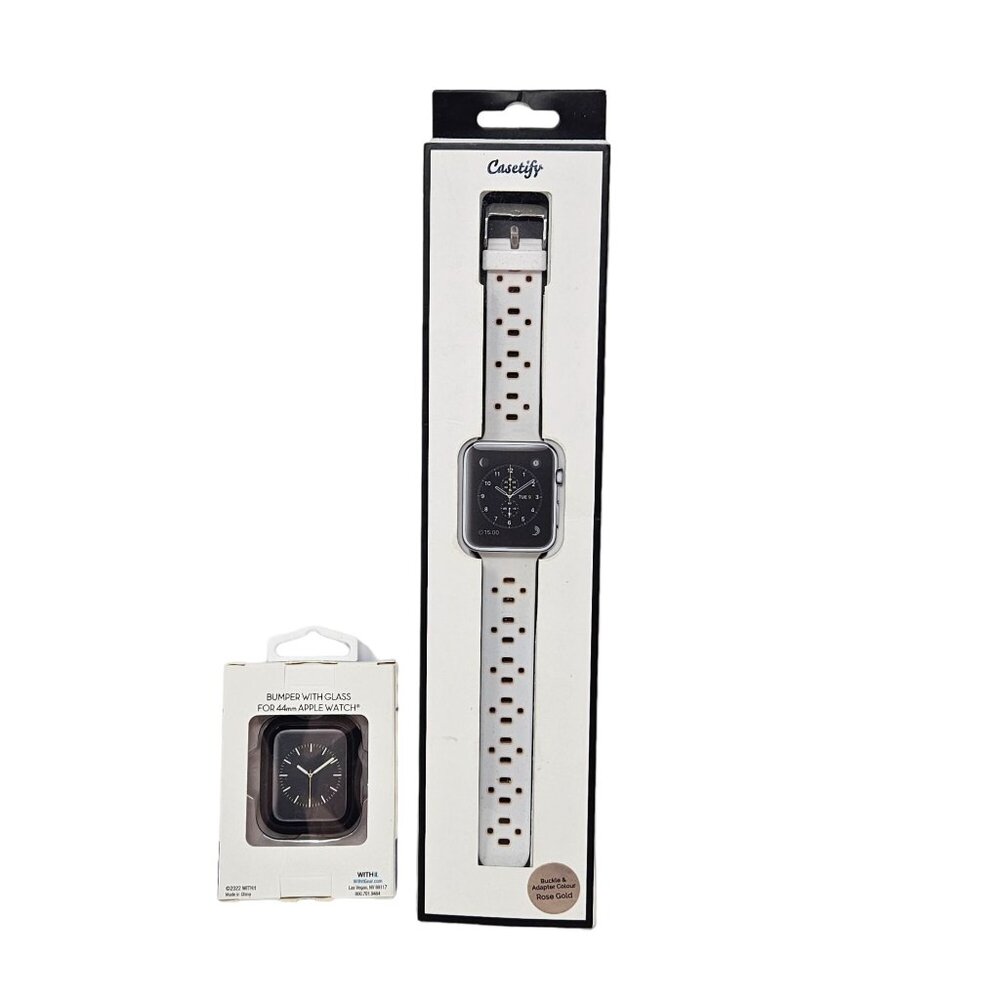 Saffiano Leather 42mm Apple Watch Band Black 44mm Protective Bumper Glass